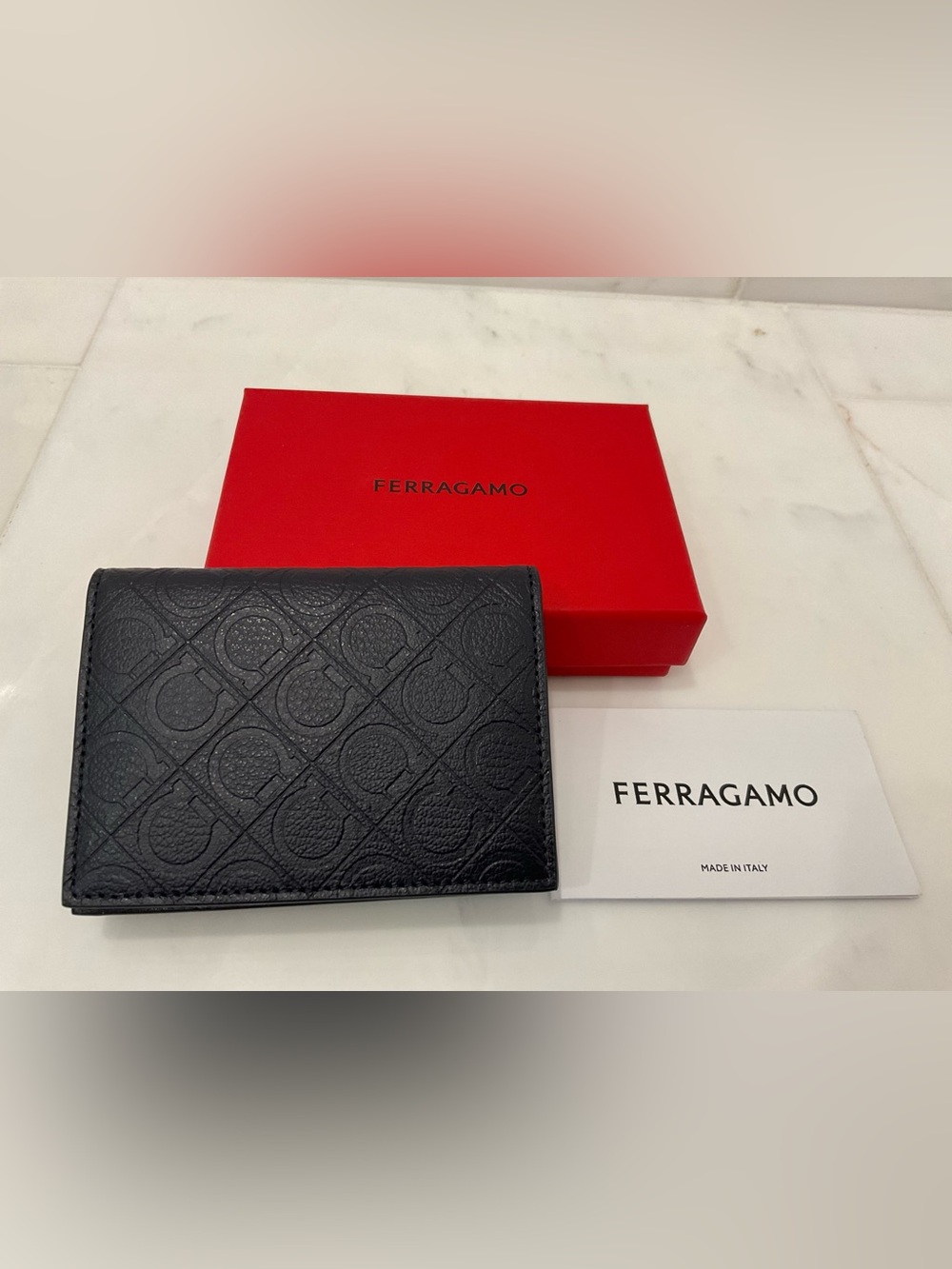 NEW Salvatore Ferragamo Gancini Embossed Gusseted Credit Card Wallet - NAVY BLUE